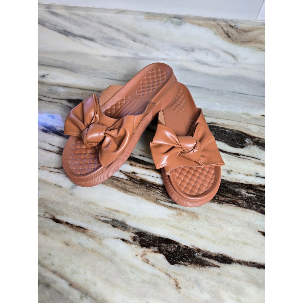 Rouge Helium Womens Cognac Brown Bow Platform Slide Sandals‎ Size 9
